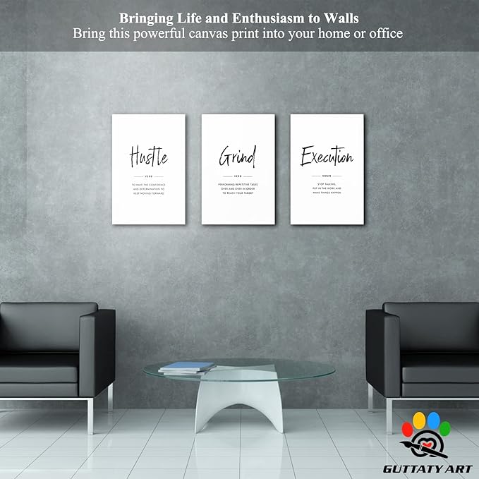 Office Wall Art - 3 Panel Motivational Wall Art, Inspirational Quotes Canvas Art for Home Office Wall Decor, Positive Quotes Wall Decor, Entrepreneur Grind Hustle Execution Poster Frame (16”x24”x3Pcs)
