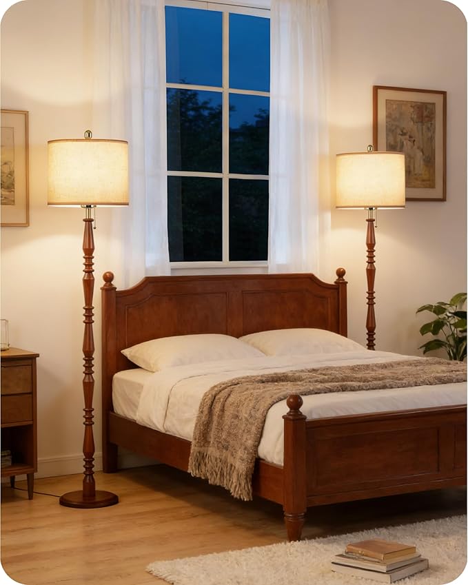 65" Oak Wood Floor Lamps for Living Room with Adjustable Color Temperatures, Farmhouse Floor Lamp with Pull Chain Switch, Tall Standing Lamp for Bedroom, Dining Room, Rustic Brown VE27LD05