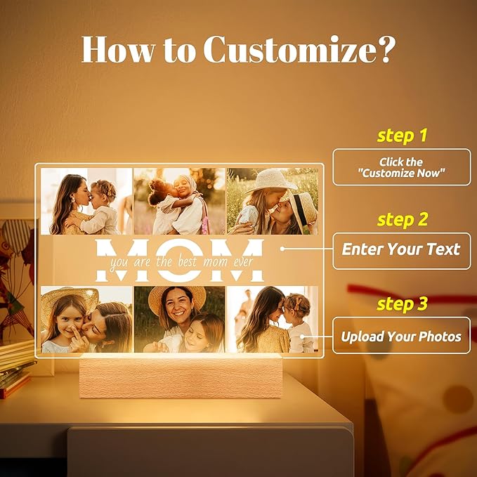 Personalized Mothers Day Gifts for Mom from Daughter Son, Custom Picture Frames with Photos, Customized Photo Frame with Night Light, Personalized Birthday Gifts for Mom Baby Kids Family