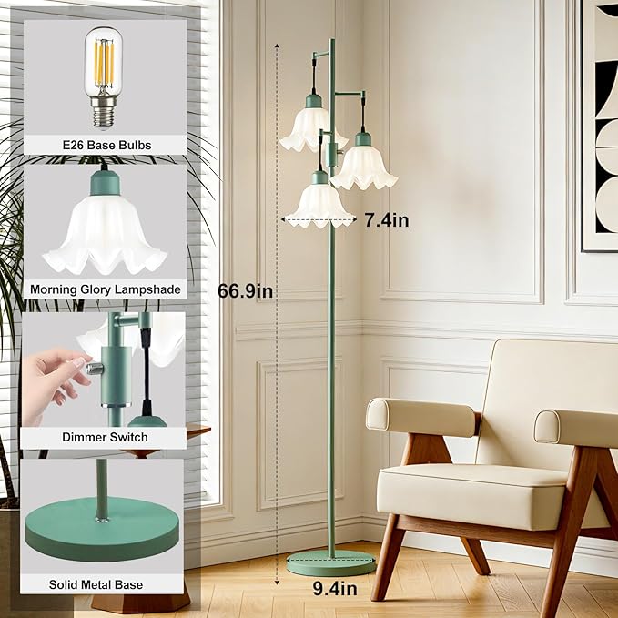 Lightdot 67IN 3-Light Flower Floor Lamp for Living Room, Dimmable Green Tree Floor Lamps with Acrylic Shade for Wedding/Party, Floral Tall Lamp for Bedroom/Sofa Beside/Corner Decor(Bulb Included)