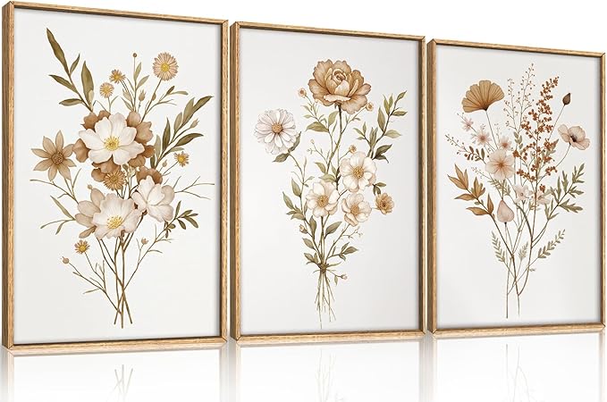 KAIRNE Neutral Boho Floral Wall Art Set of 3, Framed Vintage Botanical Flower Prints, Minimalist Wildflower Canvas Artwork, Modern Farmhouse Decor for Living Room Bedroom Office, 24×36inch