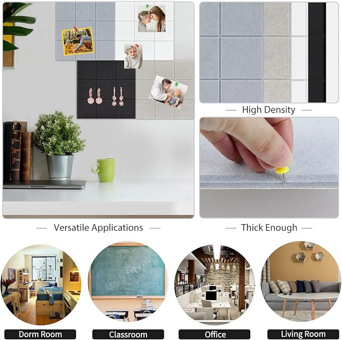 BXI Felt Bulletin Board - 12 X 12 X 3/8 Inches 6 Pcs Self-Adhesive Poster Cork Board with 30 Push Pins, Thick Pin Tiles Display Vision Board, Photo Picture Panels for Home Office Classroom Walls