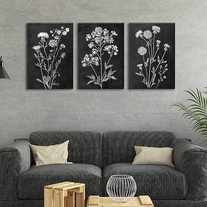 KISSFOX Floral Botanical Canvas Wall Art Vintage Black Background Plant Poster Prints Set of 3 Framed Grey and White Wildflower Painting Modern Farmhouse Decor Pictures Living Room Bathroom Bedroom (Black Floral, 16"x24" Canvas)