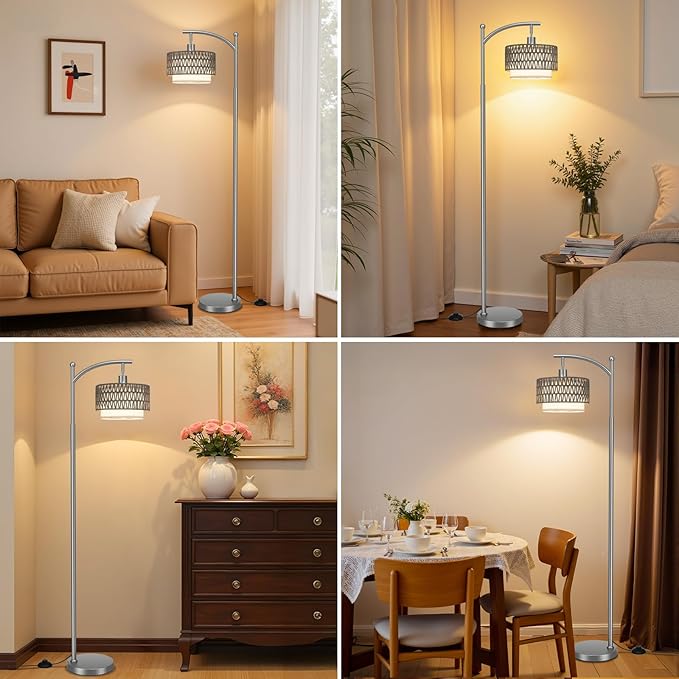 Ambimall Arc Floor Lamp for Living Room with Remote, Color Temperature & Brightness Adjustable, Boho Standing Lamp with Rattan & Fabric Double Drum Shades, Bulb Included(Deep Gray)