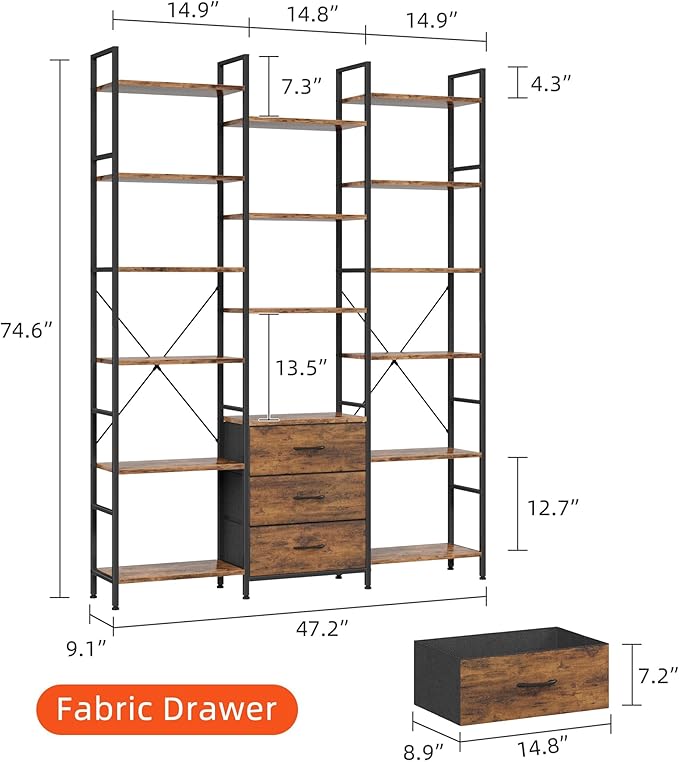 Triple Bookshelf with 3 Fabric Drawers, 6-Tier Book Shelf and 10 Display Shelves, Industrial Large Bookcase for Home & Office, Rustic Brown, 47'' Wide