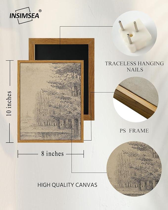 InSimSea Framed Canvas Print Art, Vintage Sketch Forest Woodland Landscape Painting, Rustic Farmhouse Cottage Decor for Hallway Wall Floating Shelf Desk Vanity Fireplace,10x8in, Neutral Tones