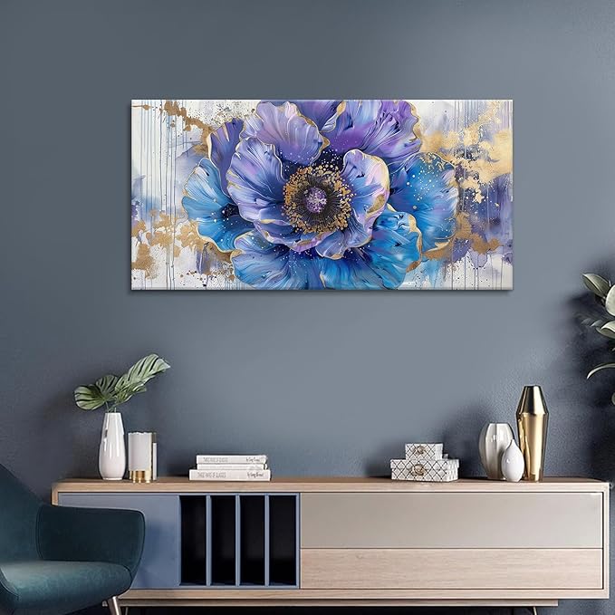 Blue Purple Flower Wall Art Colorful Watercolor Flower Bloom Canvas Painting Bedroom Wildflower Wall Art Home Decor Floral Picture Print Living Room Office Large Framed Artwork