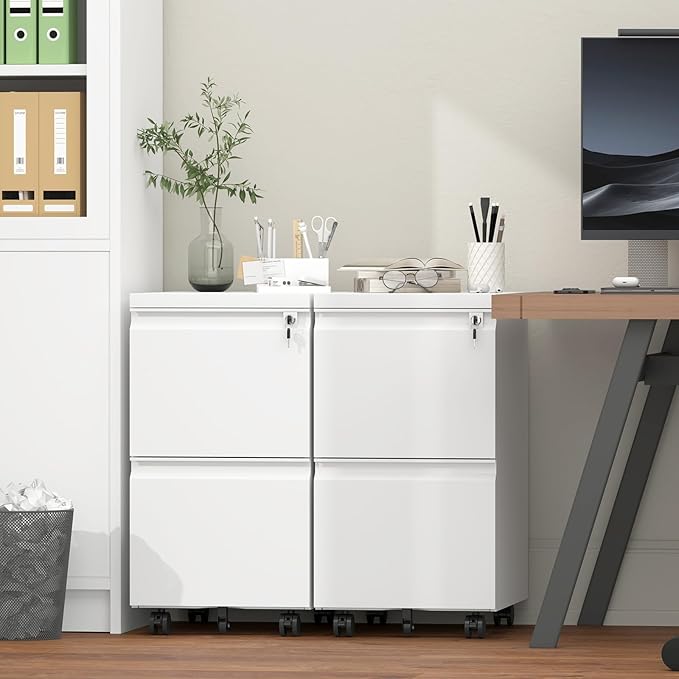 2 Drawer File Cabinet with Lock,Metal Filing Cabinet with Wheel,White Rolling File Cabinets,Moblie Under Desk Office Cabinets for Home Office,Fit A4/Letter/Legal