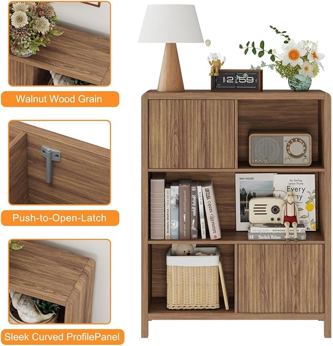 FATORRI Bookshelf with Storage, 5 Cube Bookcase with Doors, Farmhouse Wood Cube Storage Organizer for Home Office, Bedrooom, Living Room (Walnut)