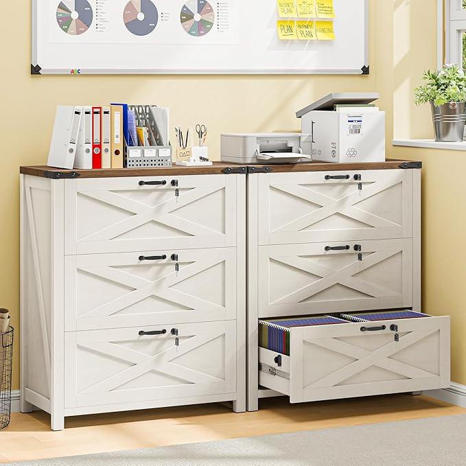 File Cabinet with 3 Drawers, Lateral File Cabinet for Letter/Legal/A4 Size Hanging Files, Large Wood File Storage Cabinets Printer Stand for Home Office, Rustic White and Brown