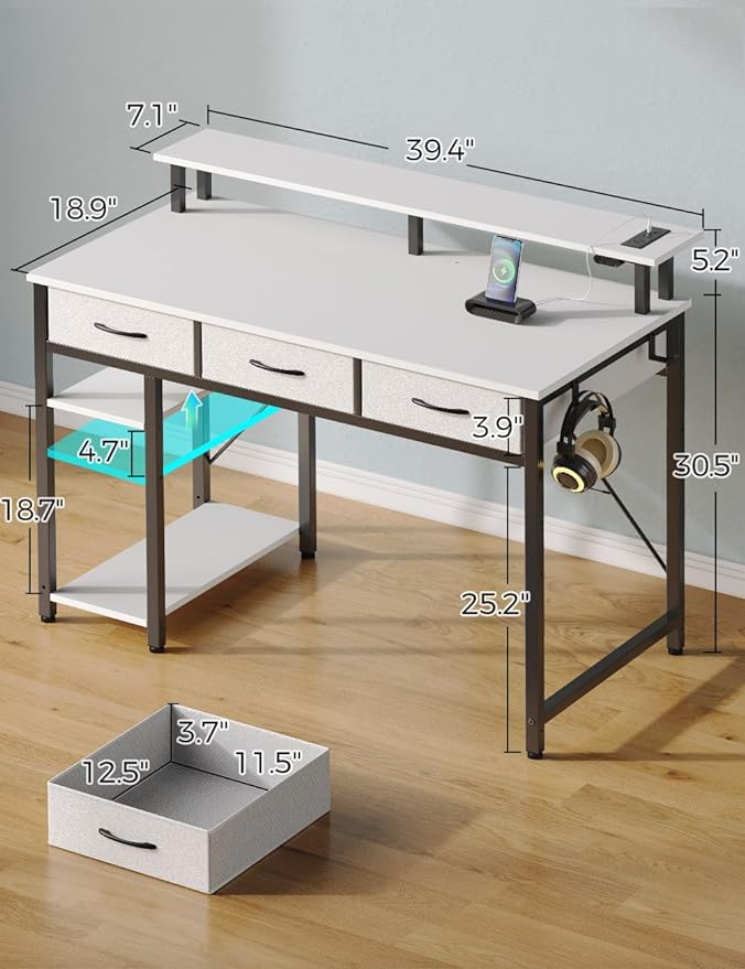 Rolanstar Computer Desk with Power Outlets & LED Light, 39 inch Home Office Desk with 3 Drawers and Storage Shelves, Writing Desk with Monitor Stand, Work Desk for Home Office,White