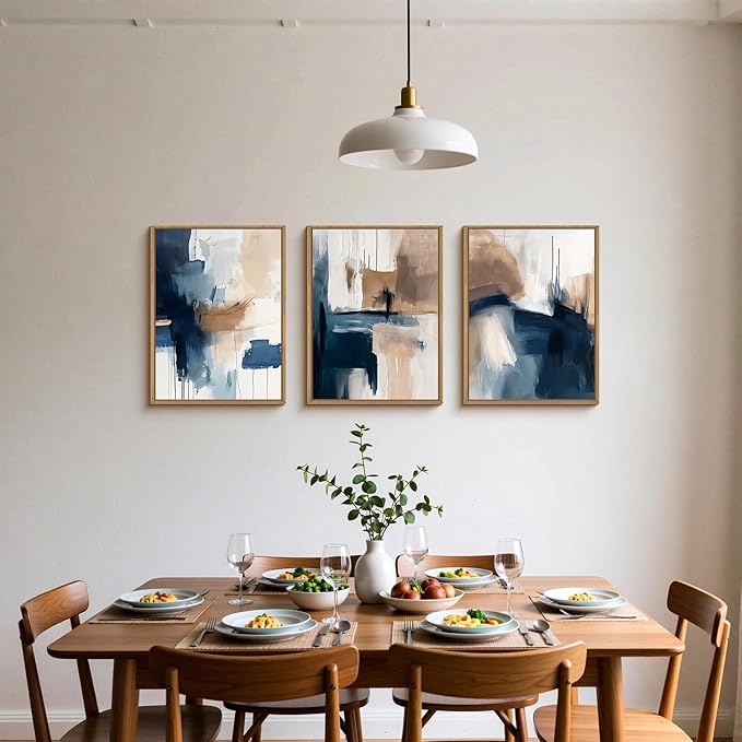 Abstract Brush Stroke Framed Canvas Wall Art,Modern Pastel Wall Decor,Neutral Navy Blue Art Prints, Minimalist Watercolor Brown Artwork for Living Room,Bedroom,Dining Room-12"x16"x3