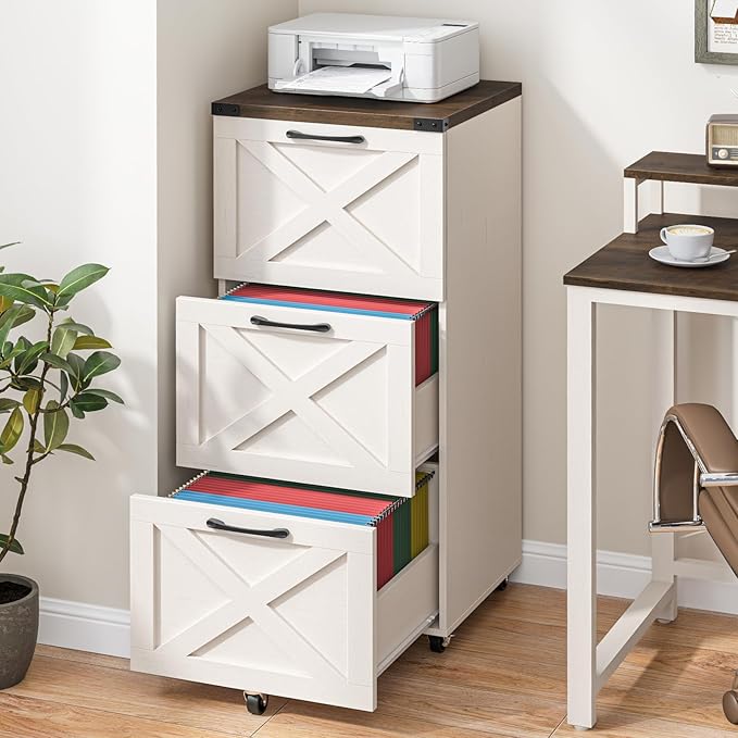 3 Drawer Tall File Cabinet with Wheels, Farmhouse Vertical Filing Cabinet Fits Letter/A4 Size, Rolling File Cabinets Wooden Printer Stand for Home Office, Rustic White
