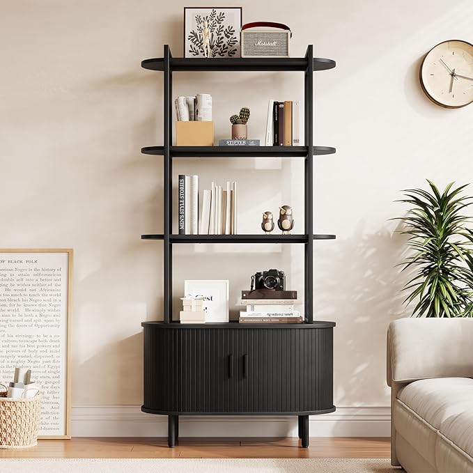 5 Tier Tall Bookshelf with Cabinet, Fluted Bookcase with Sliding Door, Metal and Wood Display Shelf, Free Standing Storage Shelving Unit, Corner Storage Organizer for Living Room, Home Office, Black