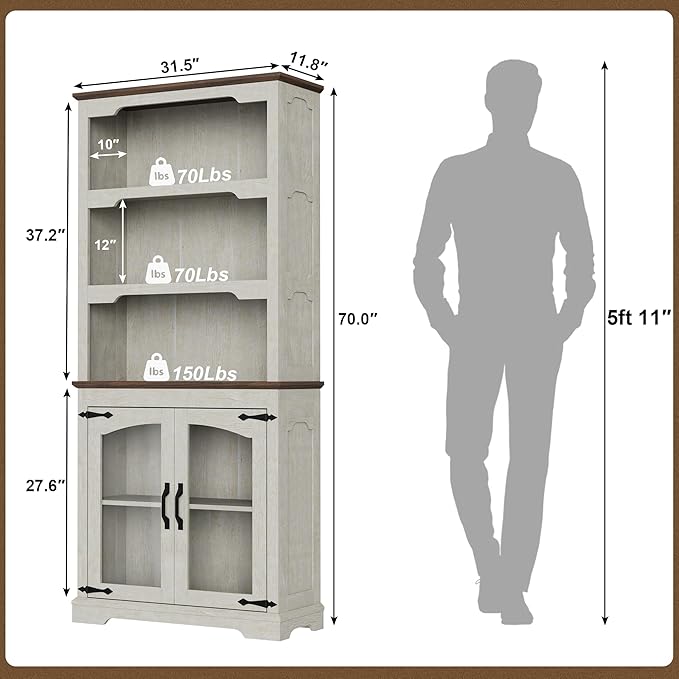 Tall Bookcase, 70 inch Height, 5-Tier Open Storage Shelf, 31.5 in Wide Standing Bookshelves for Home, Office, Bedroom, School, Library, 31.5W * 11.81D *70H (White Espresso, Glass Door)