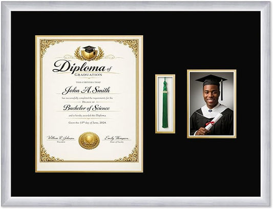 CountryArtHouse Diploma Tassel and Photo Shadowbox Fits 11 x 14 College Diploma (Portrait) with Tassel Stainless Silver Genuine Hardwood with Black Over Metallic Gold Double mat