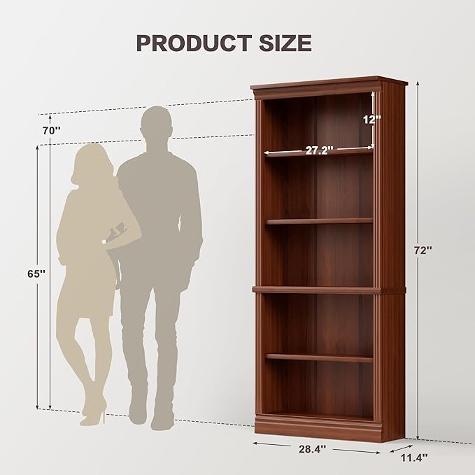 Shahoo 72" Bookcase and Bookshelf, 5-Tier Wood Bookcases with Shelves, Tall Floor Standing Book Shelf Storage Cabinet Home Decor Furniture for Living Room, Home Office, Cherry Brown, 1Pcs