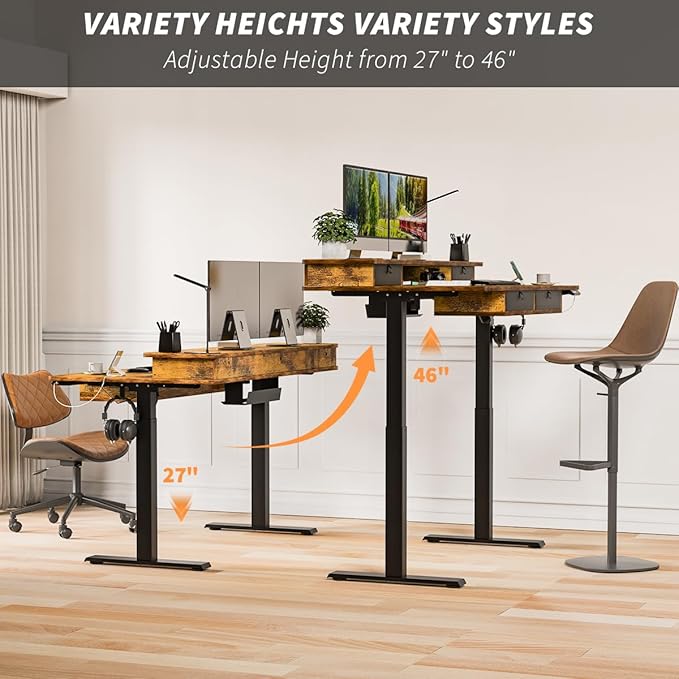 Kingant 48 x 30 Inch Electric Standing Desk with 4 Drawers, Adjustable Height Computer Desk for Home Office, Large Workstation Sit Stand Up Desk with Built-in USB A/C Charging Ports, Rustic Brown