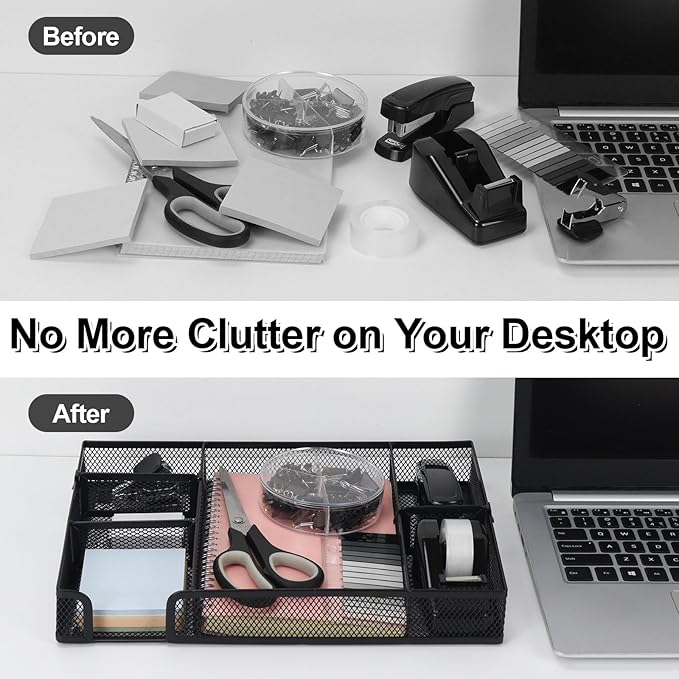 Buqoo Black Office Supplies Set,Black Office Desk Accessories,Desk Drawer Organizer,Stapler and Tape Dispenser Set,Tape,Staple Remover, Staples, Paper Clips, Scissor and Sticky Note