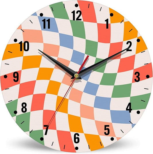 SPUNKER Clock for Bedroom,Colorful Checkered Wall Clock Battery Operated 10 Inch,Retro Wavy Round Clock Silent Non-Ticking Wall Decor for Farmhouse Office Home School Living Room Bedroom