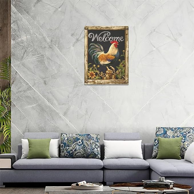 yerretin Farmhouse Rooster Wall Art Rustic Farm Chicken Pictures Wall Decor Country Canvas Painting Modern Artwork Home for Kitchen Bathroom Living Room Bedroom Office Framed 12"x16"