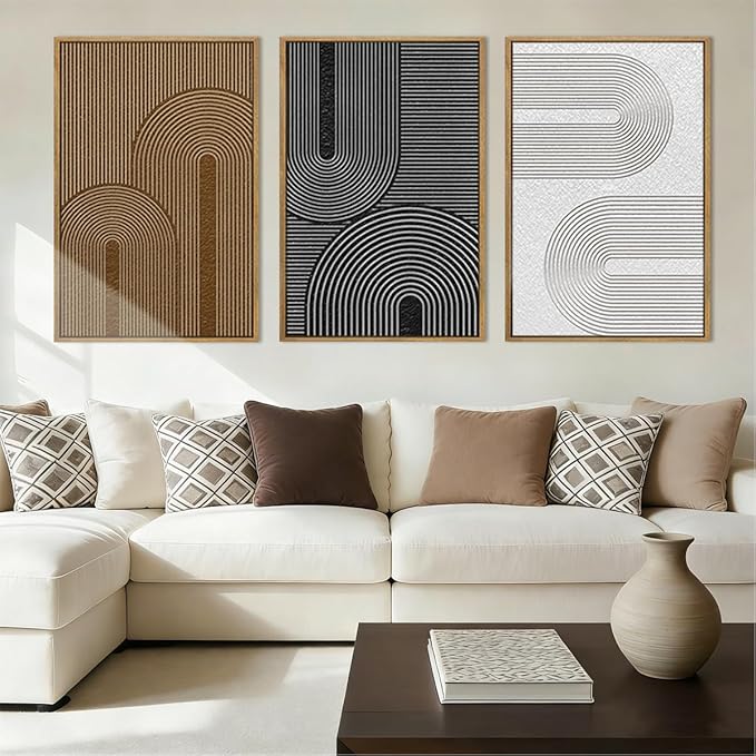 BINCUE Extra Large Abstract Wall Art Framed,Dark Modern Neutral Wall Art Canvas,Boho Artwork Minimalist,Black Brown White Geometric Line Painting for Home Living Room Bedroom 24x36 Inches Set of 3