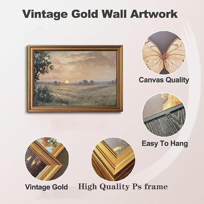 Gold Framed Wall Art Vintage Canvas Wall Art Fall Sunset Nature Landscape Artwork Prints Picture for Living Room Bedroom Farmhouse Bathroom Office Decor, 16x24