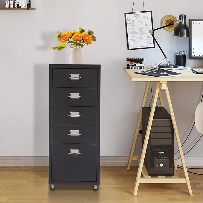 5-Drawers Metal File Cabinet, Freestanding Office Vertical File Cabinets, Storage Cabinet with Buckles and Handles, Mutifuctional Tool Cabinets for Kitchen, Bedroom, Living Room (Black)