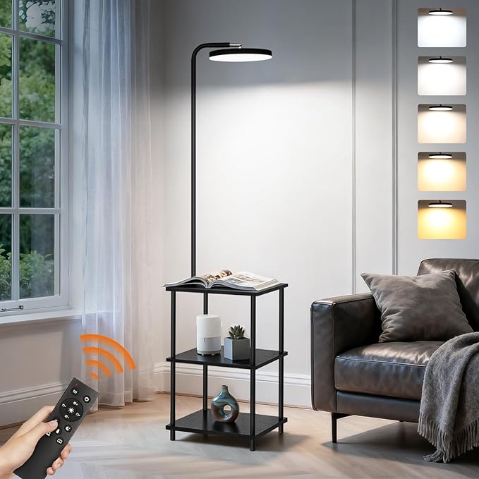 LED Floor Lamp with Table, 25W/3000LM Super Bright Floor Lamp with Remote, End Table with Lamp Attached Stepless Dimmable, Side Tables with Lamp with 350° Rotating Head for Living Room Bedroom Office