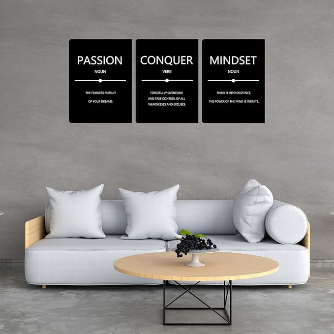 Motivational Wall Art 3 Pieces Inspirational Mindset Conquer Quotes Canvas Poster Prints Wall Paintings Picture Framed Artwork Wall Decor for Office Workplace Wall Art Bedroom Living Room (48"Wx24"H)