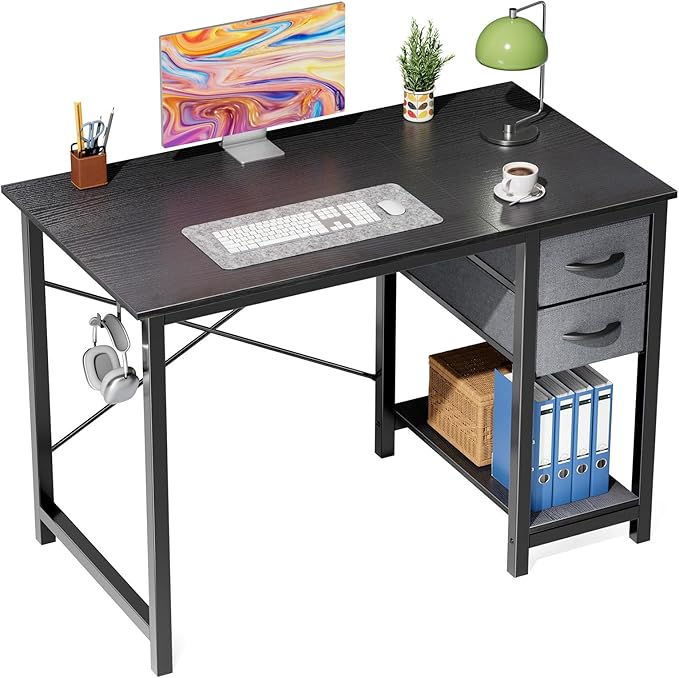 Sweetcrispy 40 Inches Computer Desk with Drawers, Home Office Writing Desk with X-Shaped Reinforcement, Modern Study Work Table with Side Hook, Sturdy Metal Frame, Black