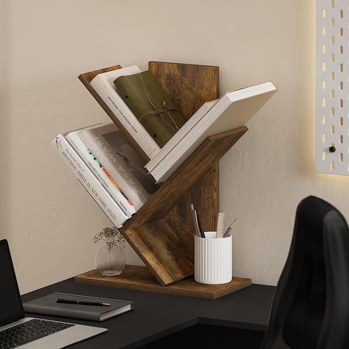Furinno Tree Book Shelf, 3-Tier Bookshelf with Angled Open Shelf, Tree Bookcase for Room Decor, 8.4 x 15.7 x 21.3, for Organization and Storage, for Living Room, Bedroom, Home Office, Amber Pine | Furinno, Tree Bookshelf, 3-Tier, Floor Standing, Tree B...