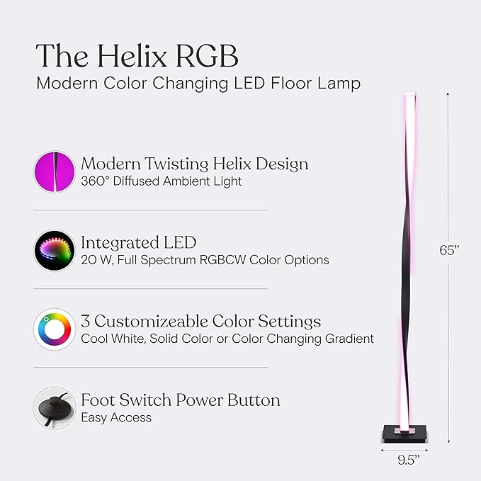 Brightech Helix Modern Color Changing LED Floor Lamp - 48” Tall Lamp with RGB Color Gradient and Contemporary Twisting Column Pole - Corner or End Table Standing Lamp - Built-in NO APP - Black