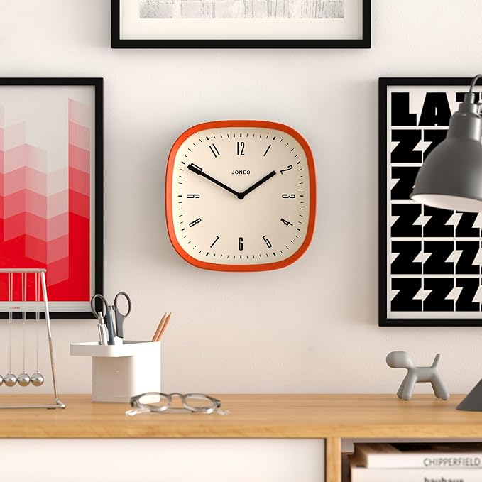 JONES CLOCKS® Marvel Wall Clock | Modern Retro Rounded Square Clock | 10 inch | Orange | Cool Designer Look for Kitchen, Living Room or Office