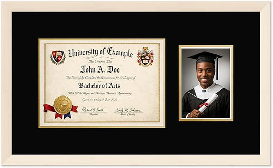 CountryArtHouse Fits 11.69 x 8.27 A4 Certificate and 5 x 7 Photo Diploma and Photo Frame Coastal Whitewash Genuine Hardwood with Black Over Metallic Gold Double mat