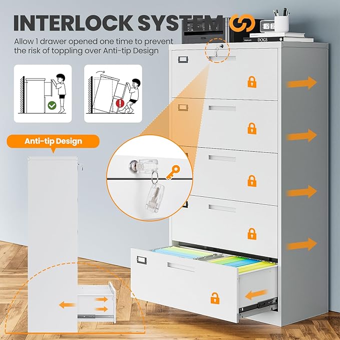 5 Drawer Lateral File Cabinet with Lock, Metal Filing Cabinets for Home Office, Wide Locking File Caninets, White Office Storage Cabnet for Hanging Letter/Legal / A4 / F4 - Assembly Required
