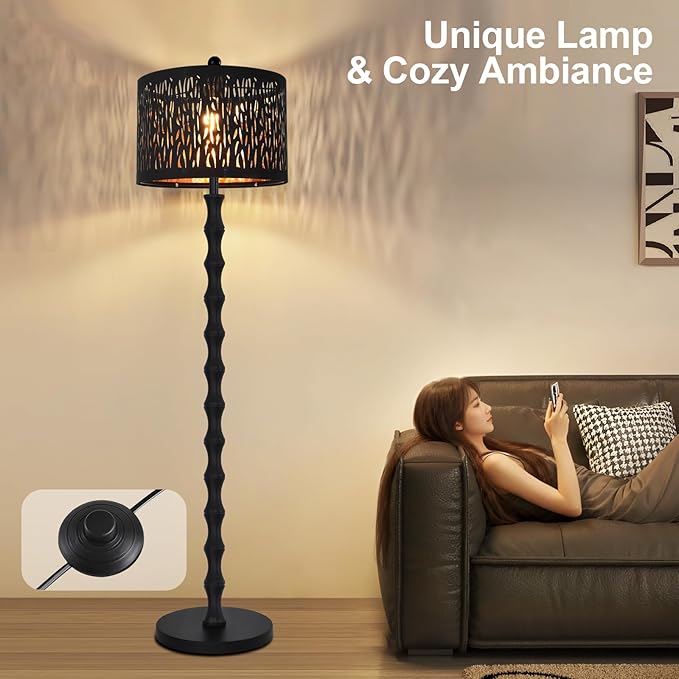 Black Floor Lamp for Living Room Bedroom,Farmhouse Rustic Tall Lamp,Vintage Modern Standing Lamp with Unique Drum Lampshade,Gothic Mid Century Iron Floor Lamp for Office Corner(Bulb Included)
