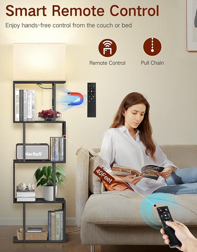 5-Tier Floor Lamp with Shelves & Remote, Dimmable S-Shaped Bookshelf with 3 Color Temperature, 1-Hour Timer, Tall Corner Standing Lamp for Living Room, Bedroom, Office (Black)