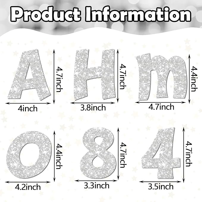 Colarr 216 Pcs Glitter Bulletin Board Letters for Classroom Number Alphabet Punctuation Symbol Cutout 4'' Die-Cut Poster Letter with Adhesive Dot School Party Holiday Decor Display(Silver)
