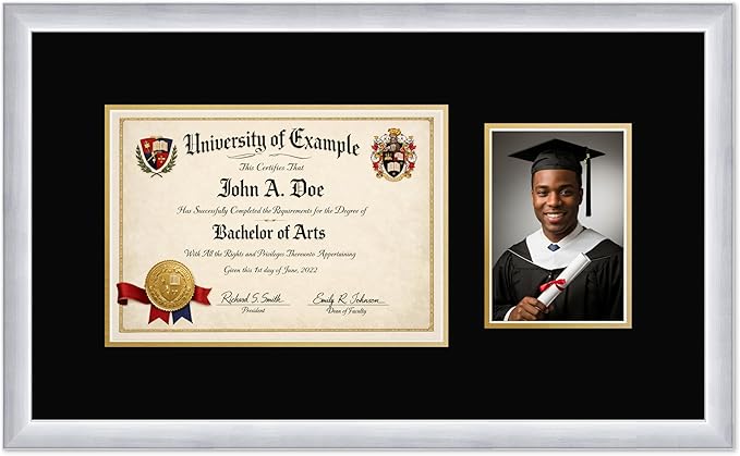 CountryArtHouse Fits 11.69 x 8.27 A4 Certificate and 5 x 7 Photo Diploma and Photo Frame Stainless Silver Genuine Hardwood with Black Over Metallic Gold Double mat