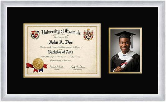 CountryArtHouse Fits 11.69 x 8.27 A4 Certificate and 5 x 7 Photo Diploma and Photo Frame Stainless Silver Genuine Hardwood with Black Over Metallic Gold Double mat
