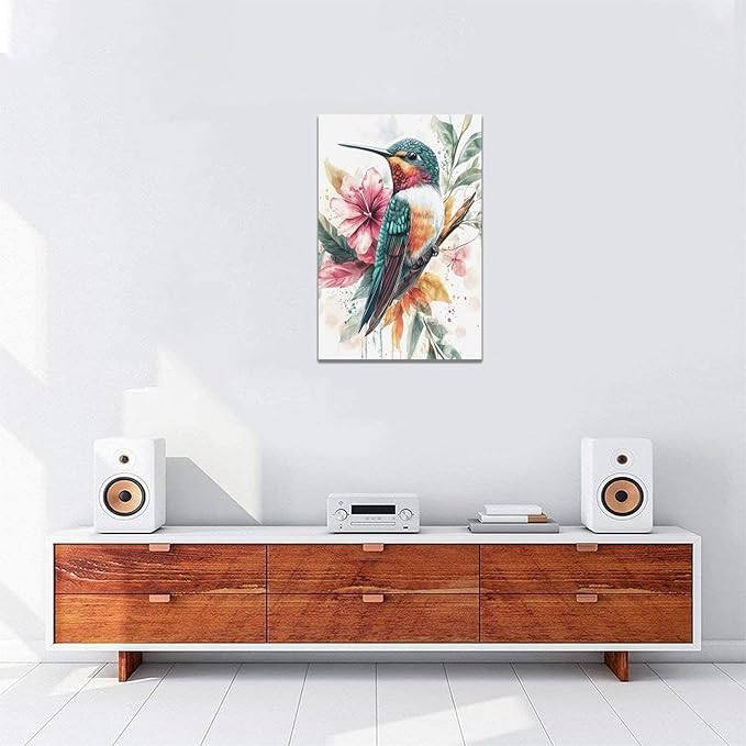 Watercolor Hummingbird Wall Art Country Flower Bird Pictures Wall Decor Colorful Canvas Painting Modern Home Artwork Decorations for Bathroom Bedroom Living Room Office Framed 16"x24"