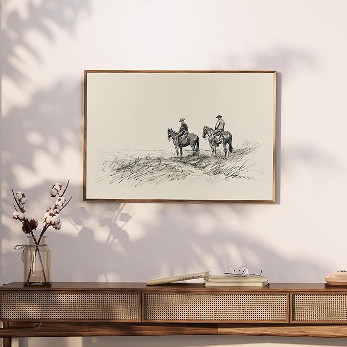 Vintage Cowboys on Horses Sketch Canvas Print Neutral Western Wall Art Farmhouse Wall Decor Rustic Country Art Poster Trendy Eclectic Vintage Artwork Prints for Living Room Dorm Office Decor, Unframed