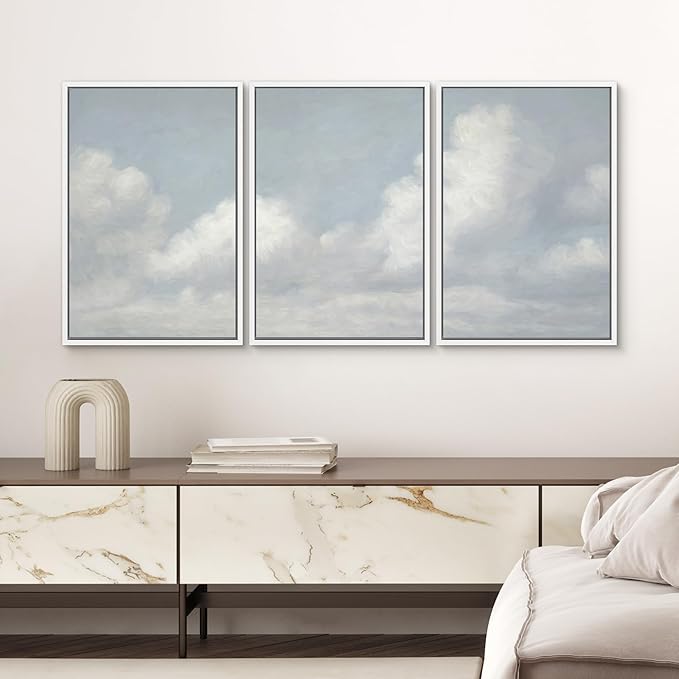 SIGNWIN Framed Canvas Print Wall Art Set Soft Sky and Clouds Minimalist Blue and White Cloudscape Illustrations Modern Art Decorative for Living Room, Bedroom, Office - 24"x36"x3 White