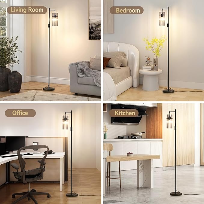 Industrial Modern Floor Lamps for Living Room, Dimmable Glass Tree Standing Tall Lamps with 3 Elegant Teardrop Cage Head & 800 Lumens LED Bulbs for Bedroom Office (66inches Black)