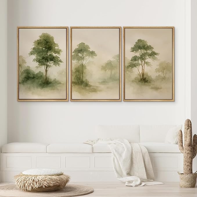 SIGNWIN Framed Canvas Print Wall Art Set Forest Trees Green Nature Landscape Illustrations Modern Art Decorative Nordic Abstract for Living Room, Bedroom, Office - 16"x24"x3 Natural