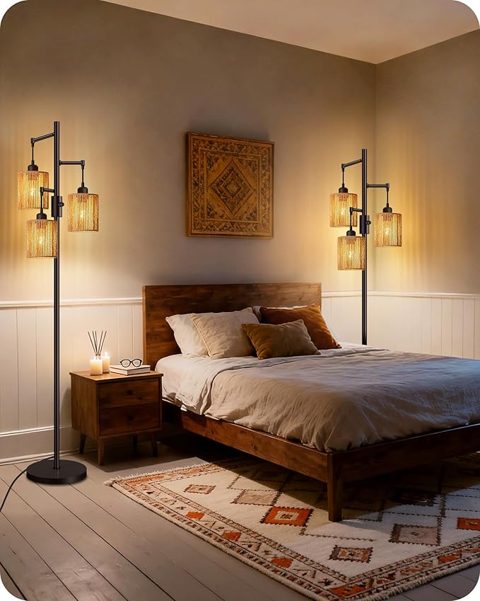Dimmable Floor Lamp, Farmhouse Tall Standing 70.3" Tree Lamp with 3 Rope Woven Lampshades, Boho Rattan Floor Lights, 4W 3 LED Bulbs Included, for Living Room, Bedroom, Study, Office AB03LD05