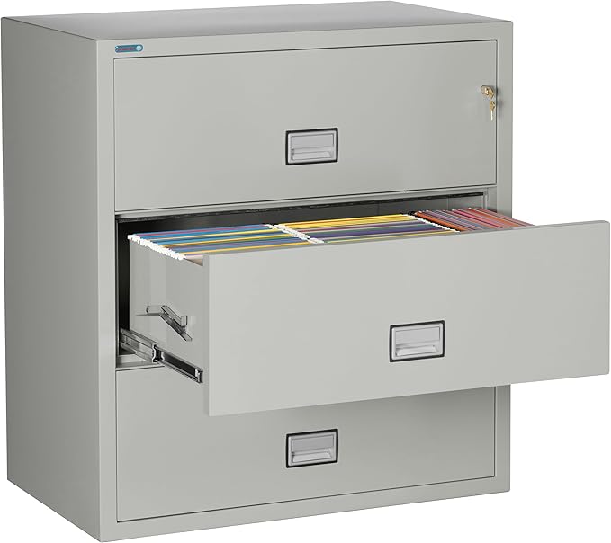 38 inch Wide 3-Drawer Lateral Fireproof File Cabinet – Legal and Letter Size Filing – Key Lock – Water Resistant – Fire Safe and Impact Rated – Light Gray Finish – Model LAT3W38LG