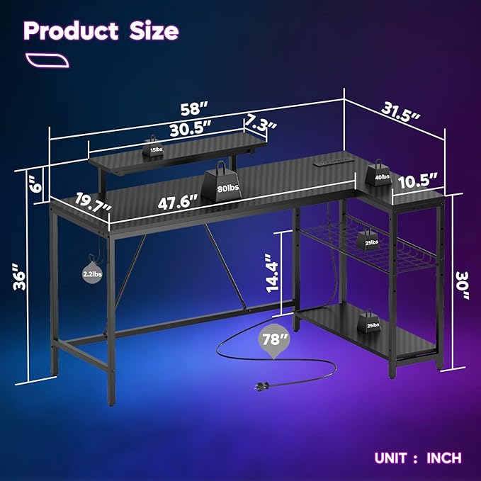 Bestier 58 L Shaped Gaming Desk with LED Lights & Power Outlets,Reversible Home Office Corner Desk with Shelves,Larger PC Workstation with Hooks for Studying,Desk for Bedroom,Carbon Fiber Black