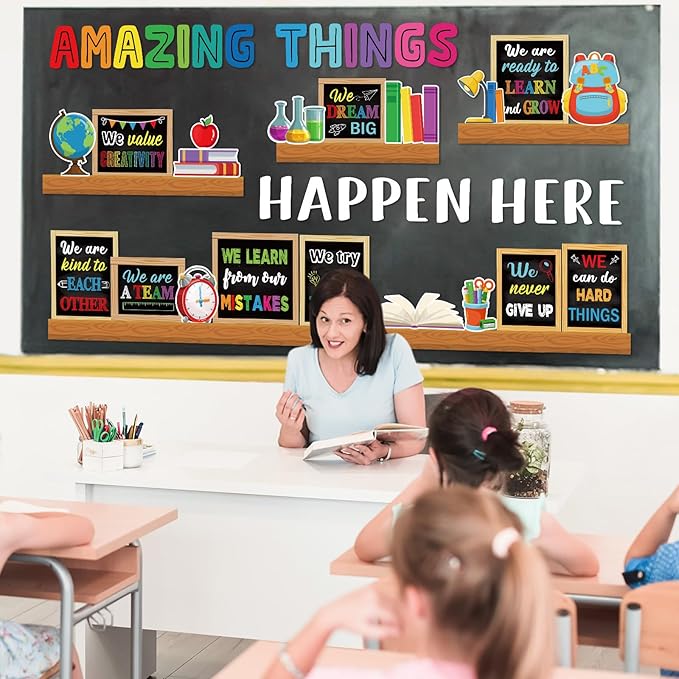 Qilery Bookshelf Bulletin Board Set, Amazing Things Happen Here Colorful Chalkboard Cutouts, Growth Mindset Inspirational Classroom Decor Posters, Back to School Elementary Teacher Supplies